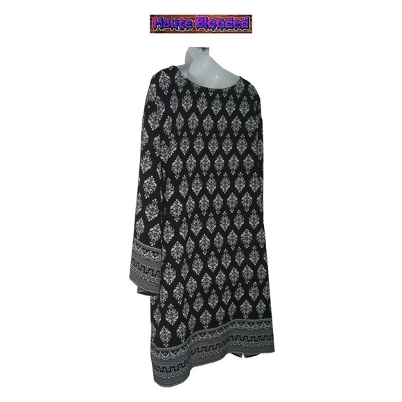 Pacific Beach Bohemian Shirt Dress Black & White Boho Print Tie Neck Plus Sz 3X - Picture 8 of 13